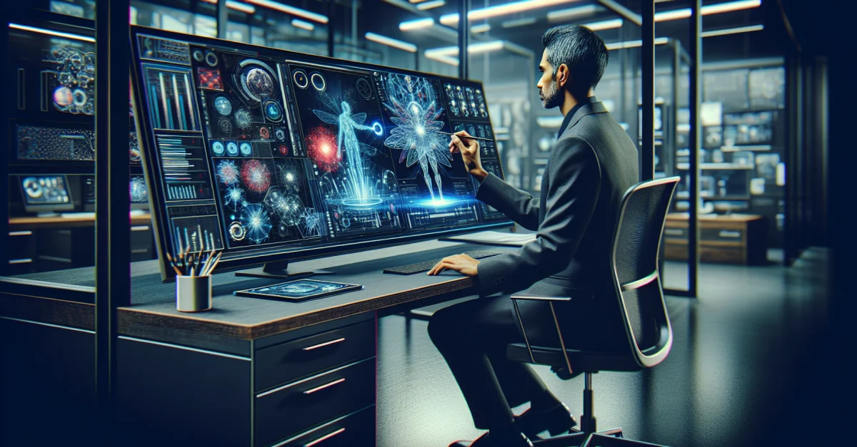 Ein professioneller Nutzer arbeitet mit Googles Nano Banana 2 zur Bildgenerierung in einem modernen Büro. Hochwertige Bilder entstehen auf dem Bildschirm.