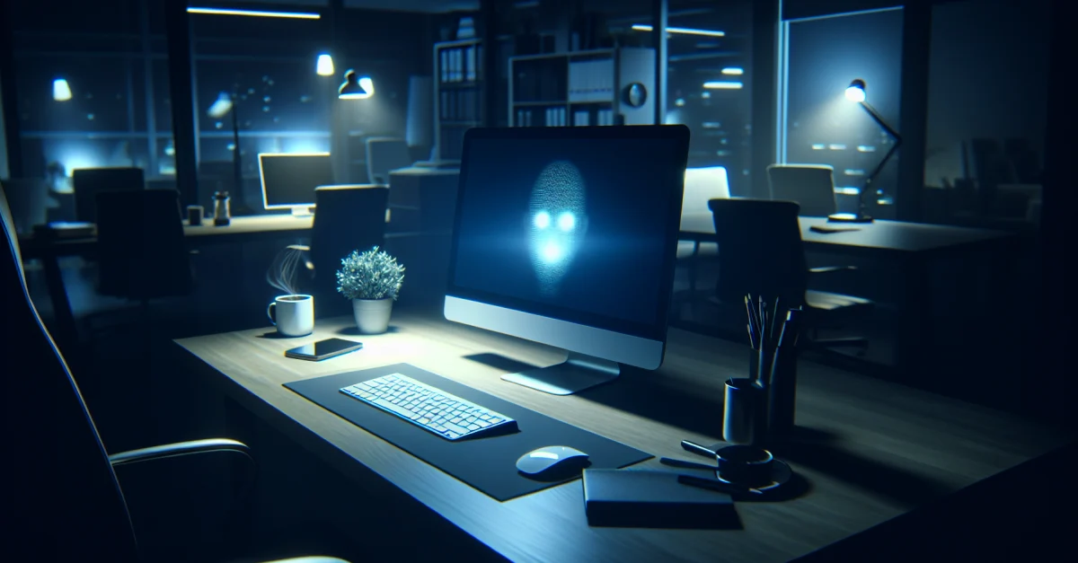 Nighttime office scene with a glowing computer screen, illustrating the efficiency of Claude's Cowork working while the user sleeps.