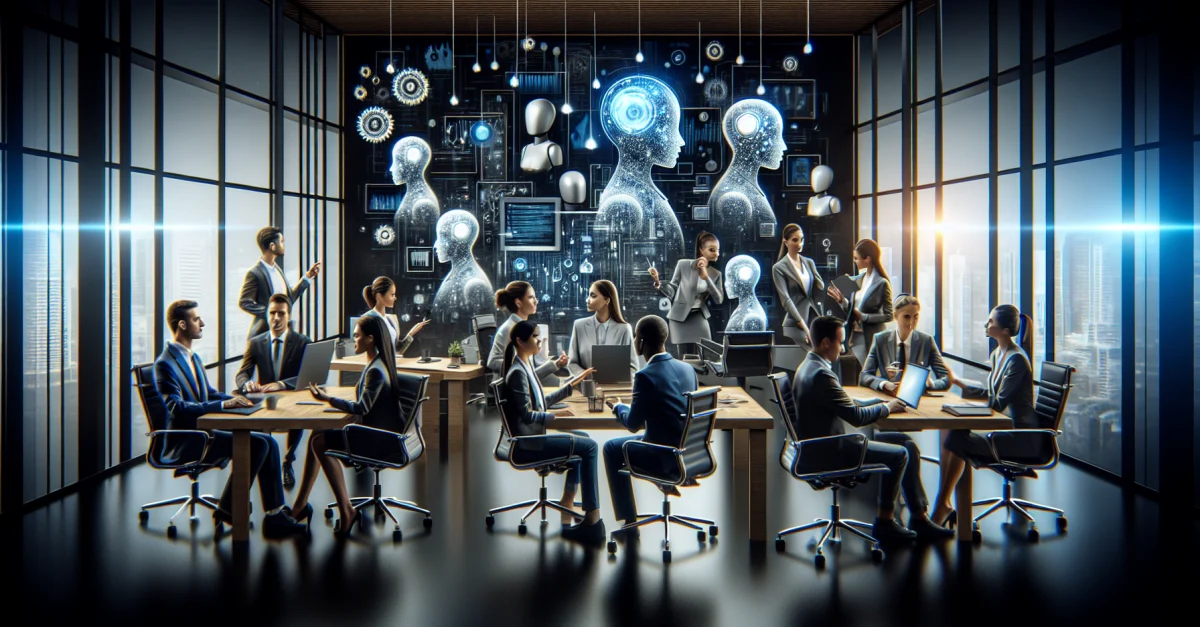 Ein modernes Büro, in dem Menschen und KI-Chatbots kreativ zusammenarbeiten. Die Szene zeigt die Zusammenarbeit zwischen Mensch und Technologie in einem innovativen Umfeld.