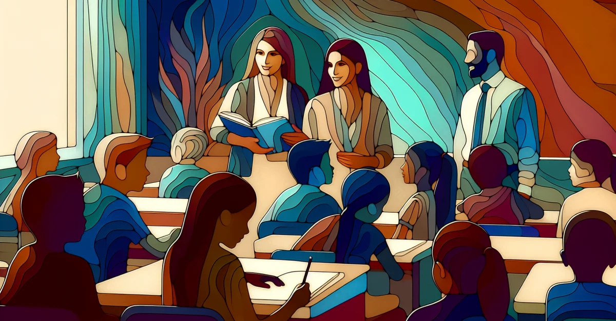 Vielfältige Lehrer in einem Klassenzimmer, die Geschlechterstereotypen herausfordern und die Notwendigkeit von Diversität im Bildungsbereich betonen.