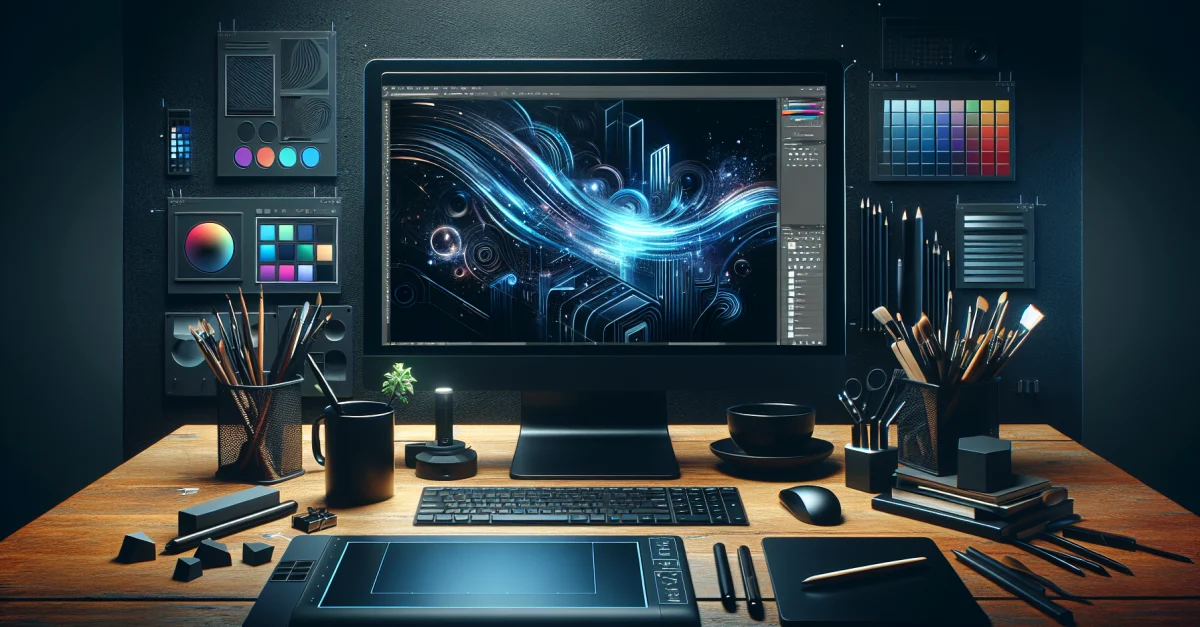 Image of a modern workspace featuring a computer displaying creative design software, highlighting free Photoshop alternatives.
