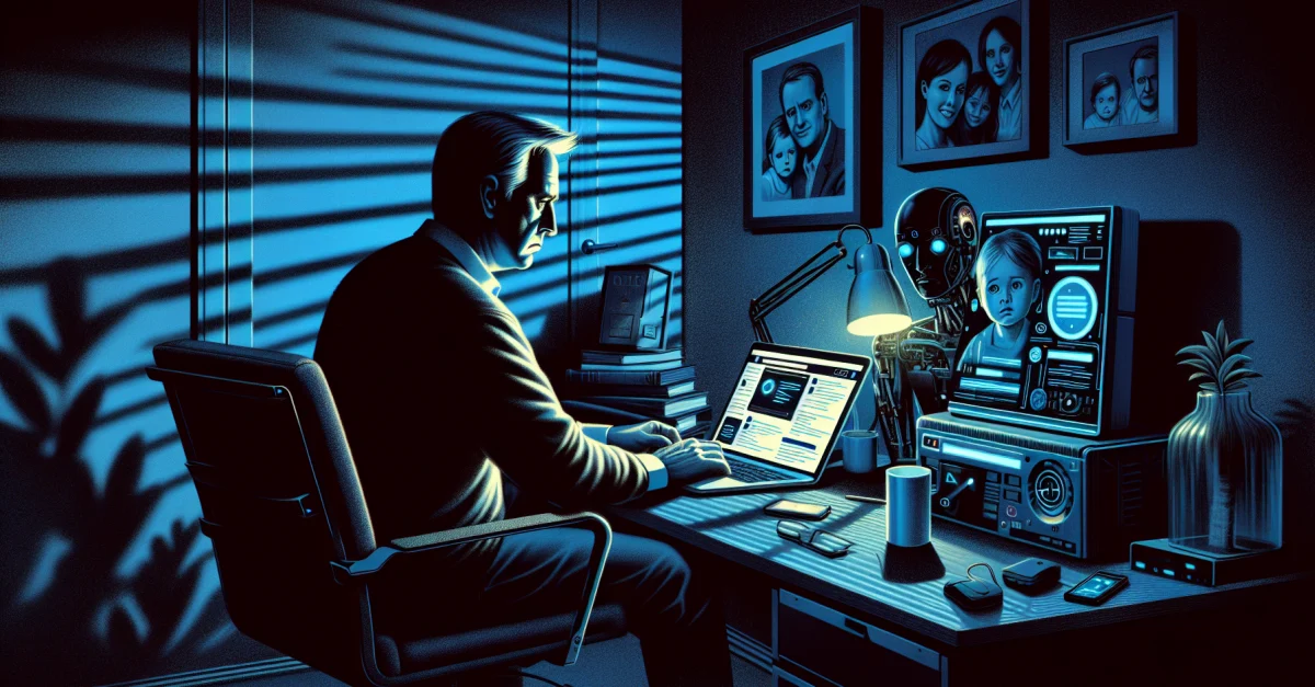 Besorgter Elternteil sitzt an einem Schreibtisch mit Technologie und betrachtet einen Chatbot auf dem Laptop. Symbolisiert die Risiken von KI für Kinder.