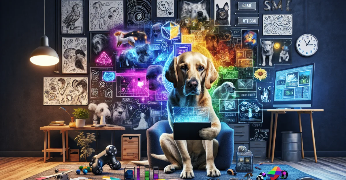 A dog creatively working on a game, surrounded by sketches and digital screens. The image illustrates the connection between animal intelligence and technology.