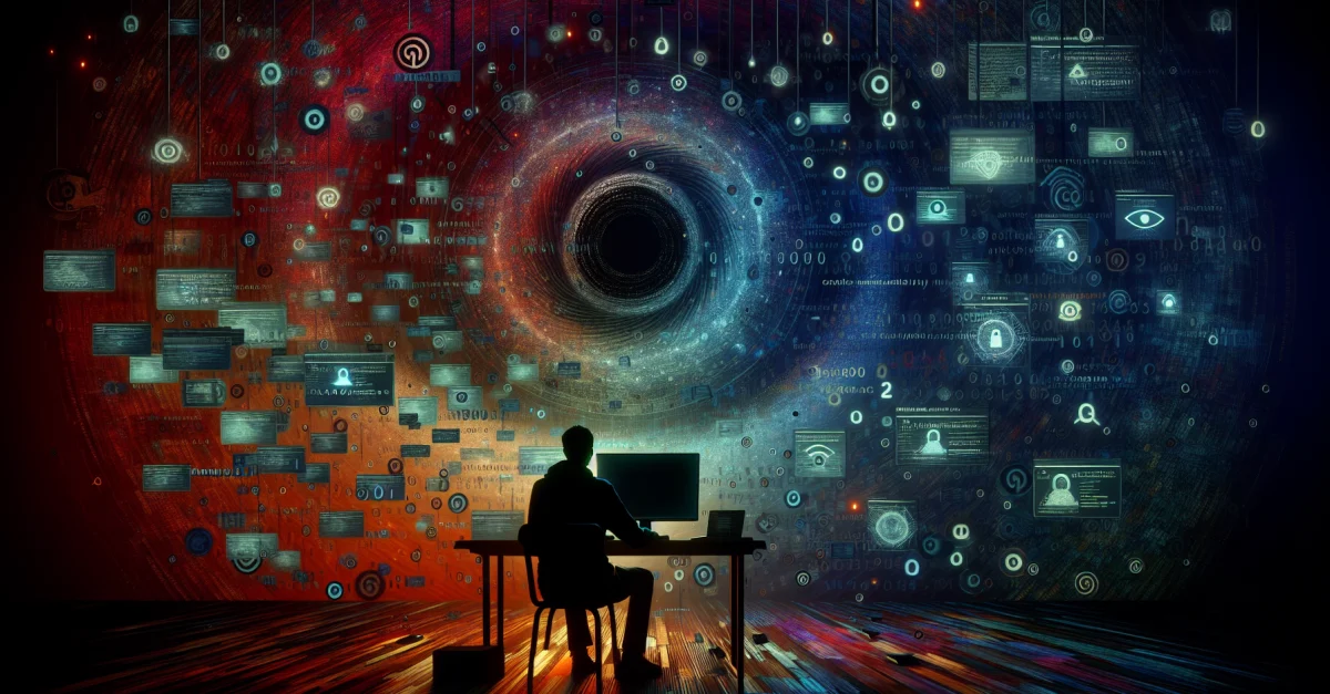 Ein schattenhafter Nutzer am Computer symbolisiert die Illusion der Anonymität im Internet. Digitale Codes verdeutlichen die Gefahren der Online-Identität.