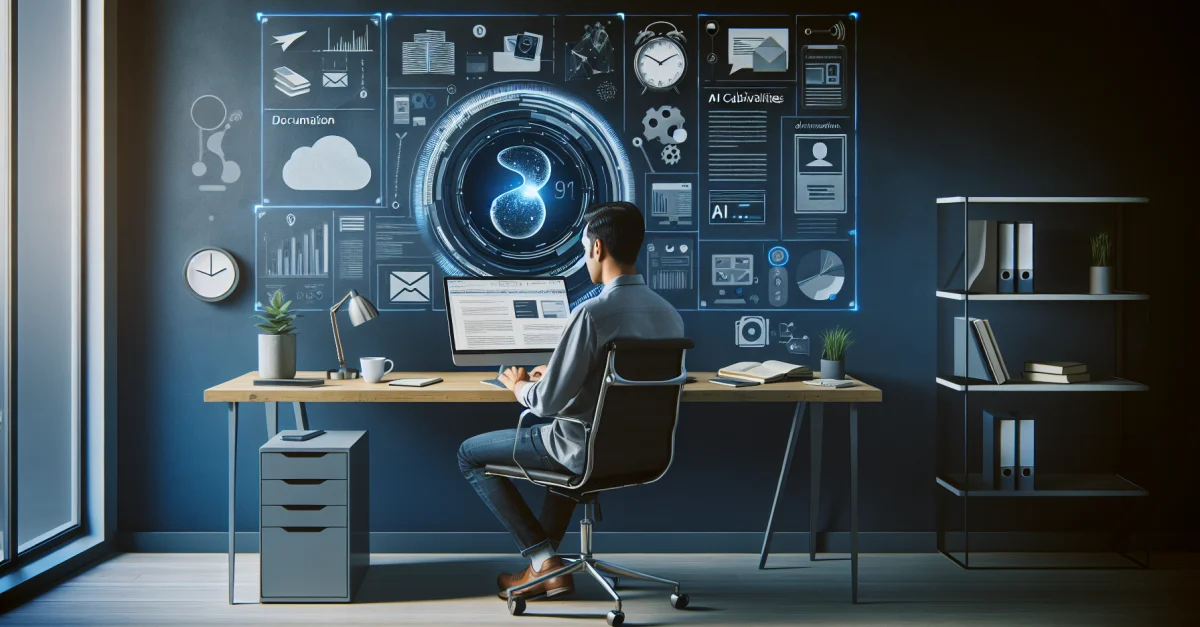 A professional using Adobe Acrobat Studio's AI features to transform PDFs into presentations and podcasts in a modern office setting.