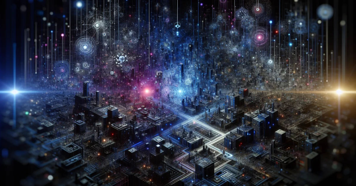 A digital landscape depicting the chaos of AI interactions, featuring abstract representations of bots and algorithms that emphasize the illusion of an AI civilization.