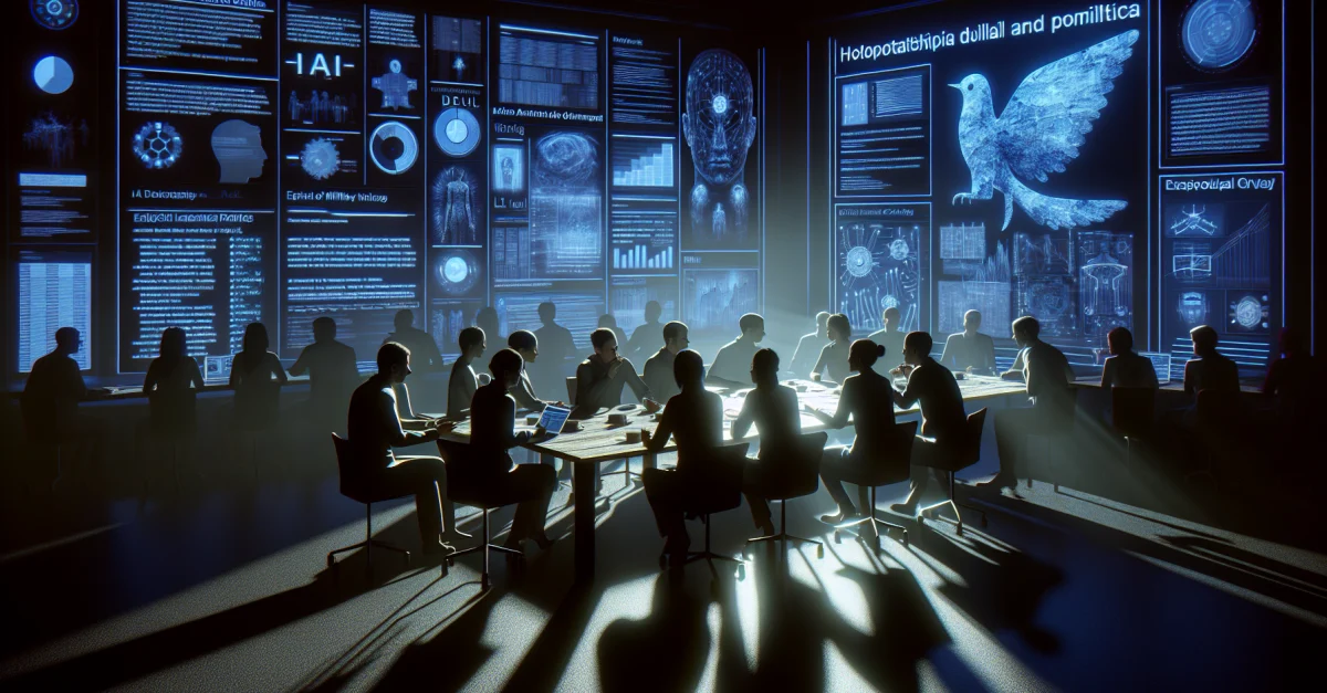 Experten diskutieren in einem dunklen Raum die ethischen Implikationen der Partnerschaft zwischen OpenAI und dem Pentagon. Dringlichkeit und Verantwortung stehen im Fokus.