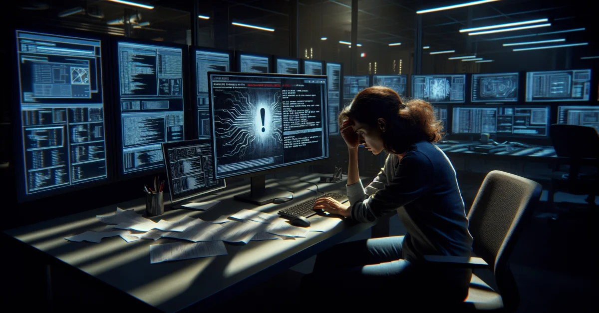 Eine frustrierte KI-Sicherheitsforscherin von Meta in ihrem Büro, umgeben von Technologie, reflektiert die Herausforderungen der KI-Implementierung.