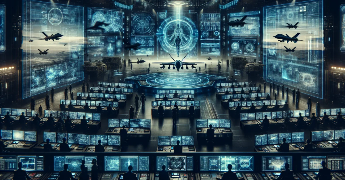 Futuristisches Militärzentrum in China, das KI-Technologien und Drohnenschwärme zeigt. Bild verdeutlicht die Bedrohung durch neue Kriegsführungsmethoden.