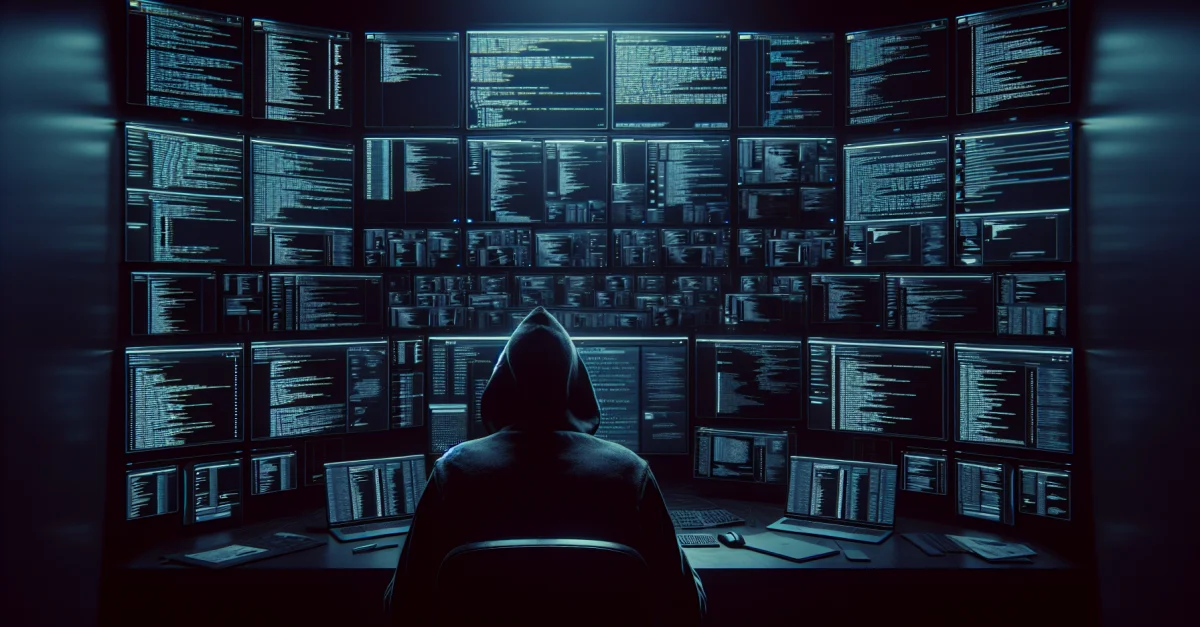 A shadowy figure sits in front of screens displaying the Hackerbot-Claw and GitHub repositories. The scene highlights the threat of cyberattacks on software projects.