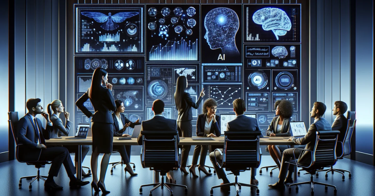 Moderne Büroumgebung, die die Integration von KI in Unternehmensprozesse zeigt, mit Fachleuten, die über Datenanalytik und KI-Anwendungen diskutieren.