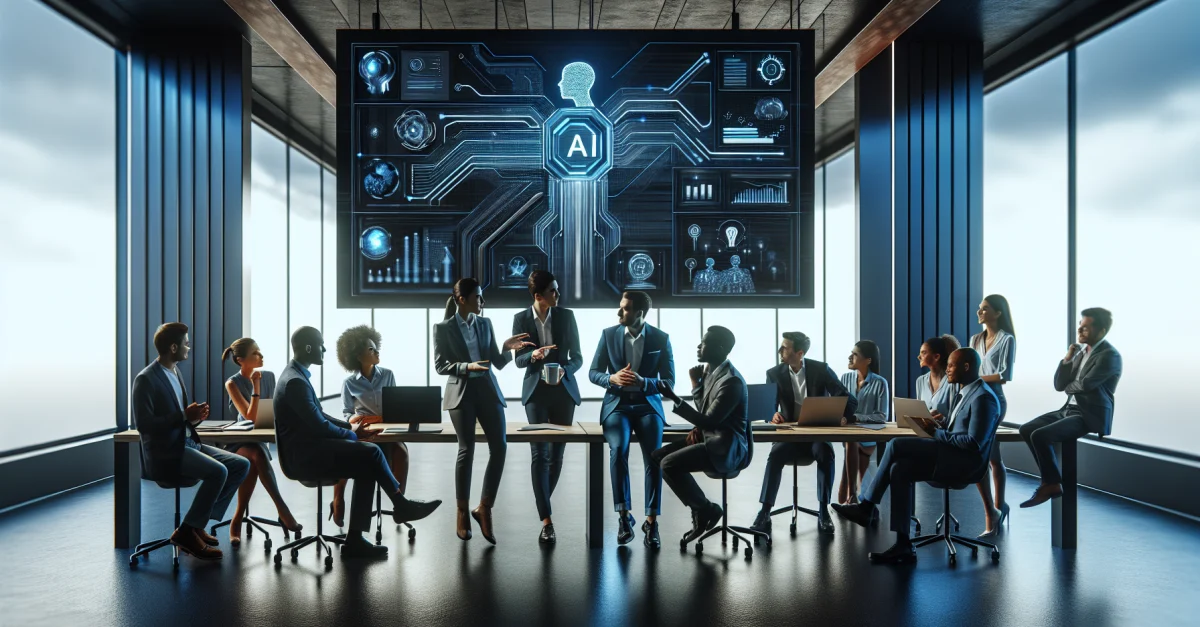 Professionals discussing AI technology with a focus on Claude's Memory-Import feature in a modern office setting.