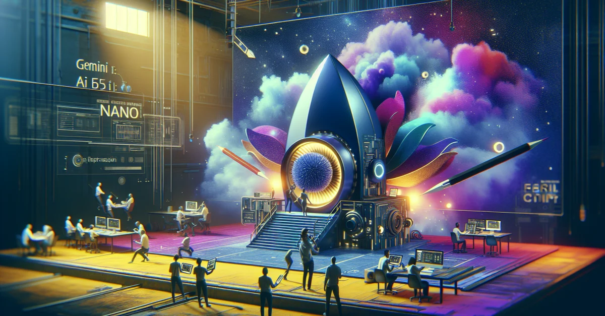 Futuristisches Arbeitsumfeld mit kreativen Profis, die mit Googles Nano Banana 2 hochwertige Bilder und Infografiken generieren.