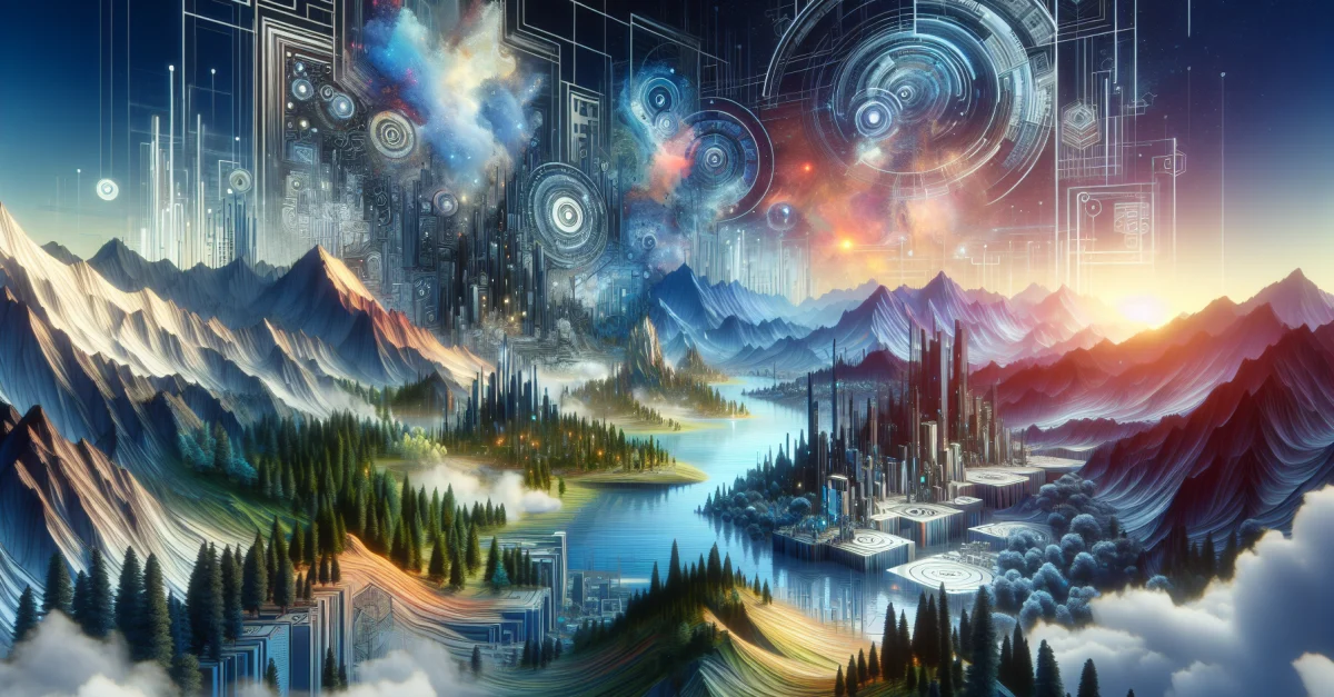 Futuristic digital landscape created by users, showcasing diverse imaginative worlds and terrains, highlighting the possibilities of AI technology.