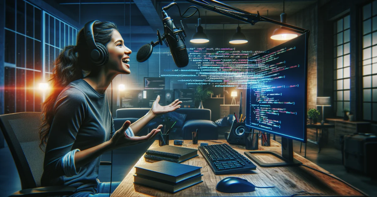A programmer speaks into a microphone as their ideas are transformed into code on a computer screen. The scene showcases innovation in programming.