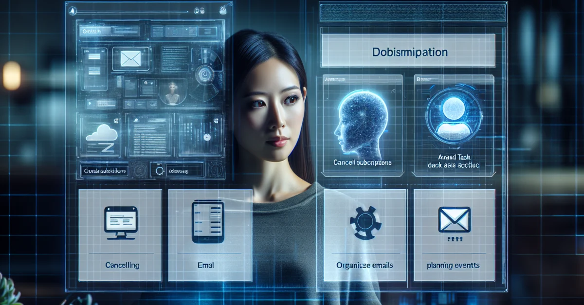 Modern workspace featuring a digital interface of Copilot Tasks, showcasing its ability to cancel subscriptions, sort emails, and plan events.