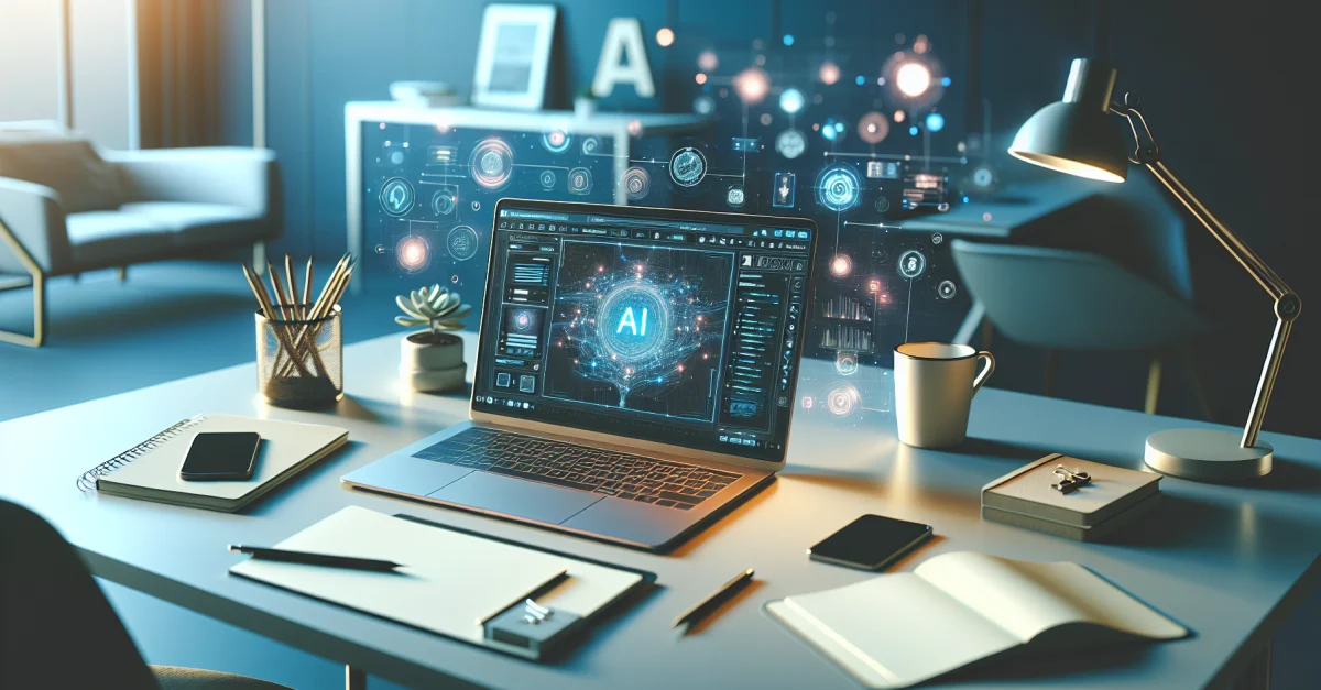 Modern workspace with a laptop showcasing Canvas in AI Mode. Emphasizes efficiency and creativity through digital tools.