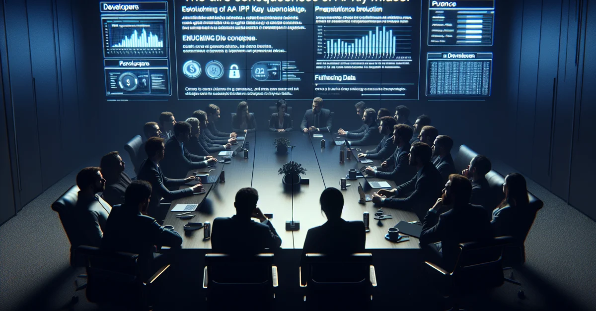 Entwicklerteam in einer angespannten Besprechung über API-Key-Missbrauch. Die Szene zeigt die Dringlichkeit von Sicherheitsprotokollen.