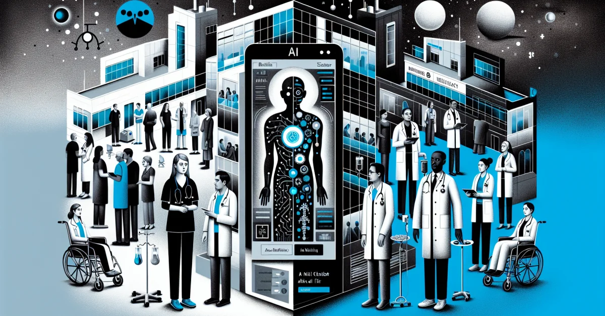 Bild zeigt die Dualität von KI im Gesundheitswesen mit einem modernen Krankenhaus und einer digitalen ChatGPT-Oberfläche, die Risiken und Chancen darstellt.