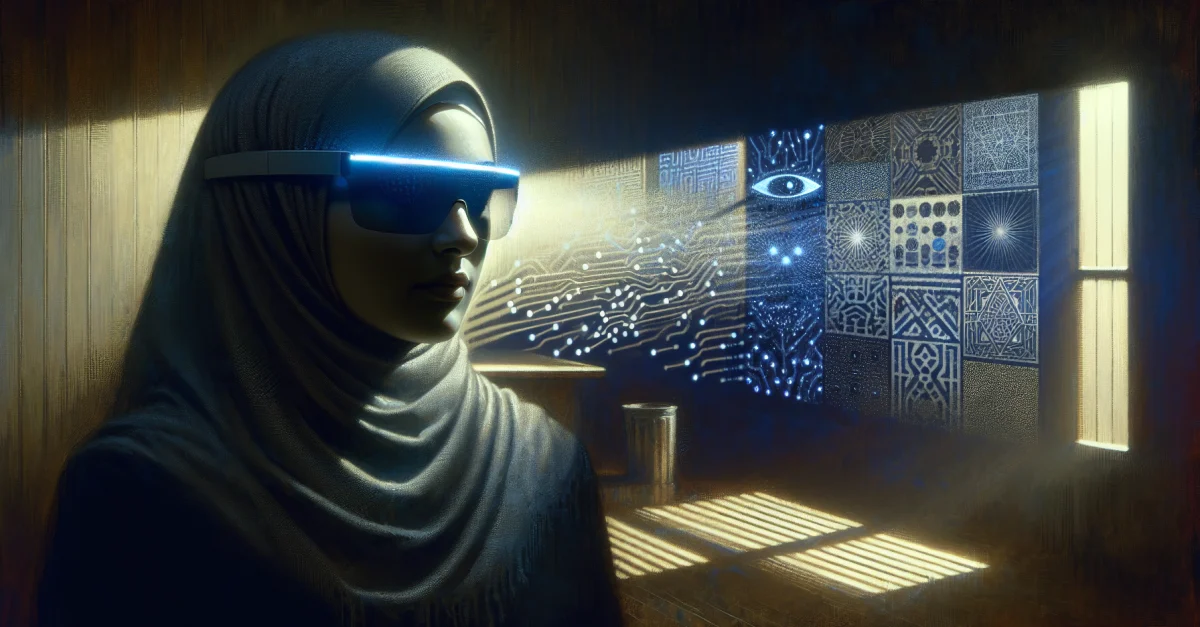 Eine Person trägt AI-Gläser in einem schwach beleuchteten Raum, was die Risiken der Privatsphäre symbolisiert.