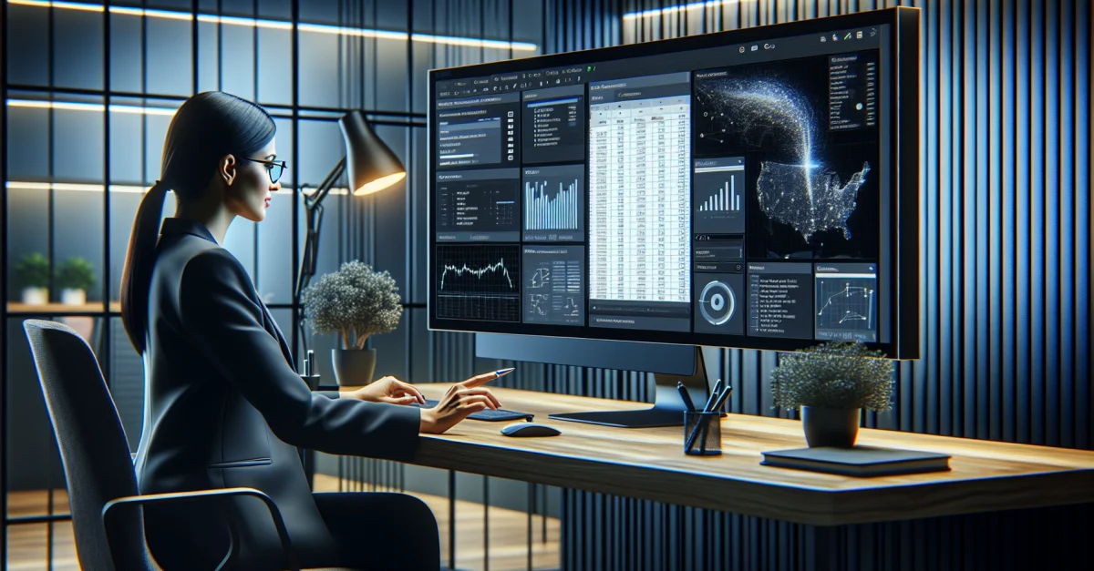 Ein Büro mit einem Fachmann, der mit ChatGPT für Excel interagiert. Die Benutzeroberfläche zeigt natürliche Sprachverarbeitung für Finanzanalysen.