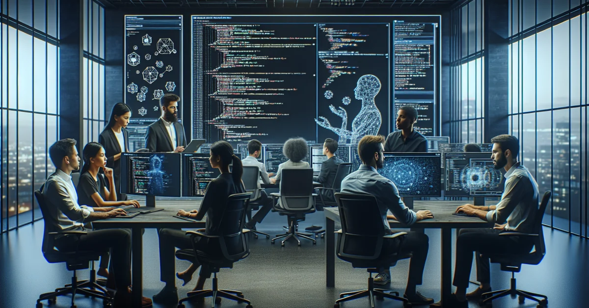 Ein Team von Softwareentwicklern arbeitet an einem großen Bildschirm mit komplexem Code, während sie über KI-Agenten diskutieren, die das Coding-Management optimieren.