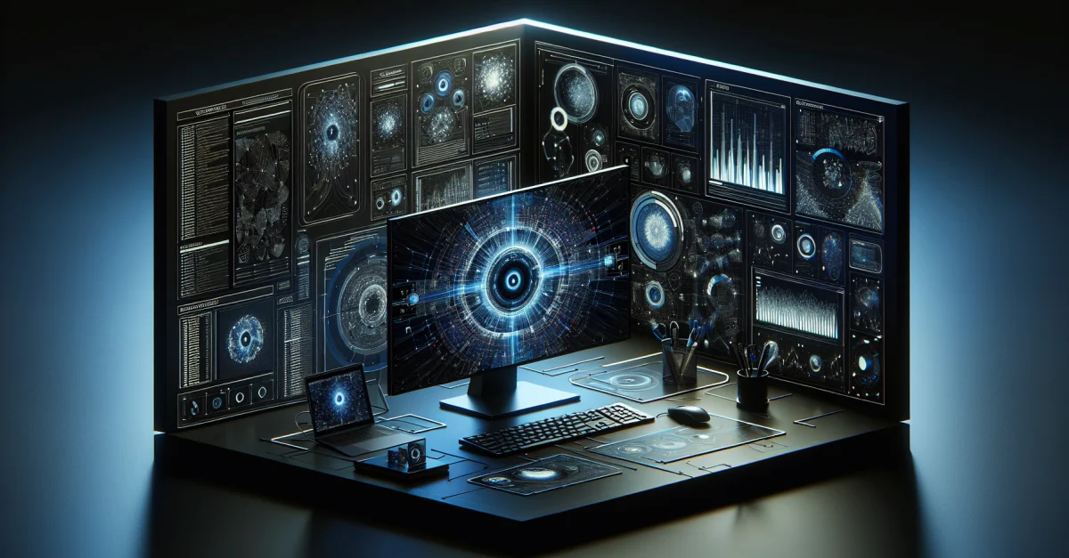 Ein moderner Arbeitsplatz mit einem Computer, der komplexe Algorithmen und visuelle Datenanalyse zeigt, symbolisiert die Rolle der KI in visuellen Suchanfragen.