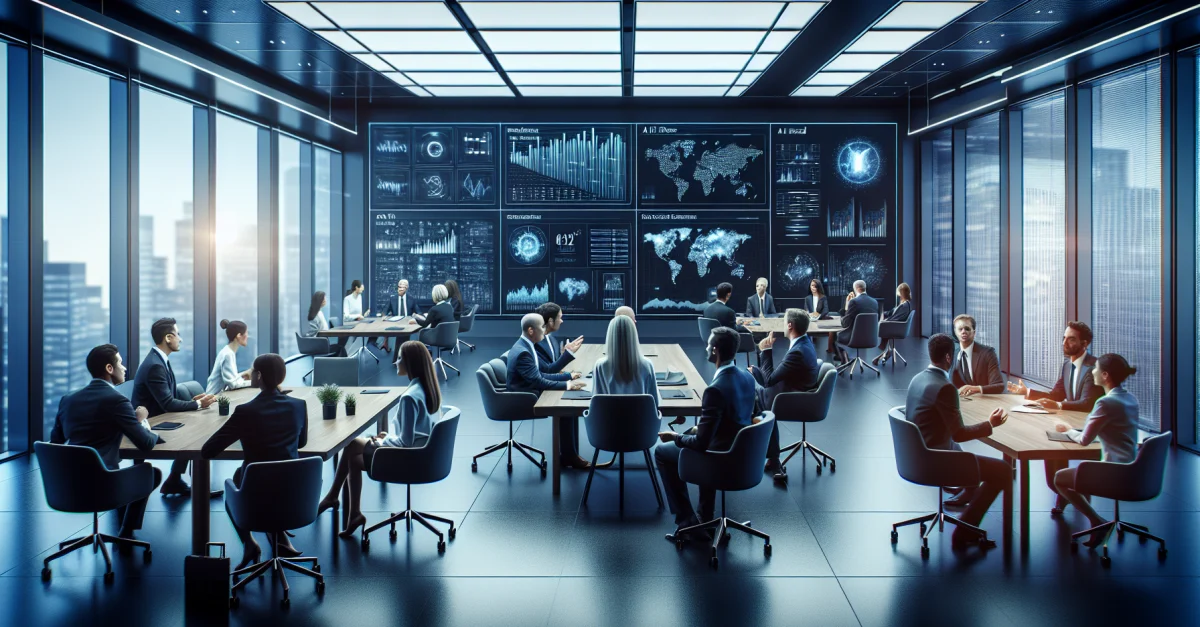 Finanzanalysten diskutieren in einem modernen Büro über die Auswirkungen von Balyasny Asset Managements AI-Forschungssystem auf Investitionsstrategien.