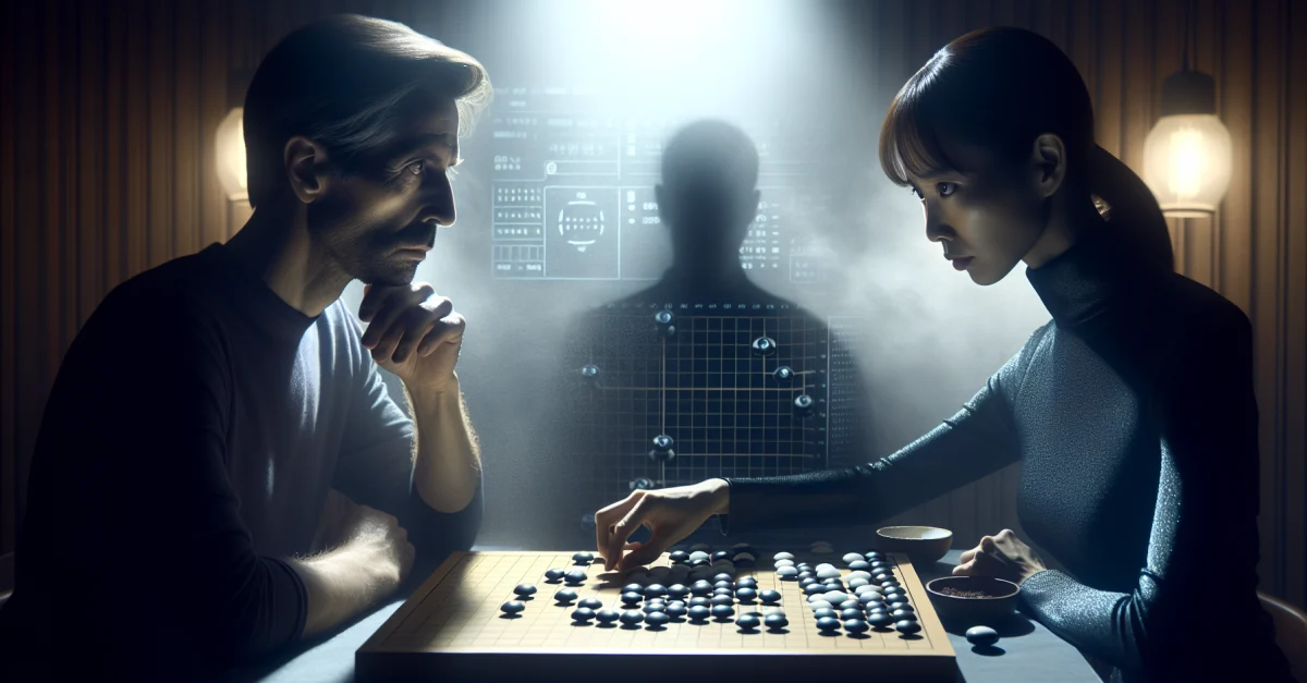 Ein Go-Brett in einem schwach beleuchteten Raum, das den intensiven Wettkampf zwischen zwei Profispielern zeigt. Die Szene betont die Rolle von KI im Go-Spiel.