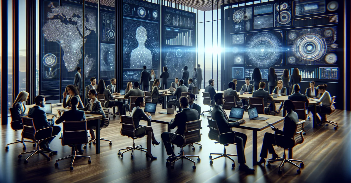 Ein modernes Büro, in dem Mitarbeiter über Technologien diskutieren. Die Atmosphäre spiegelt die Herausforderungen von Innovation und Risikomanagement wider.