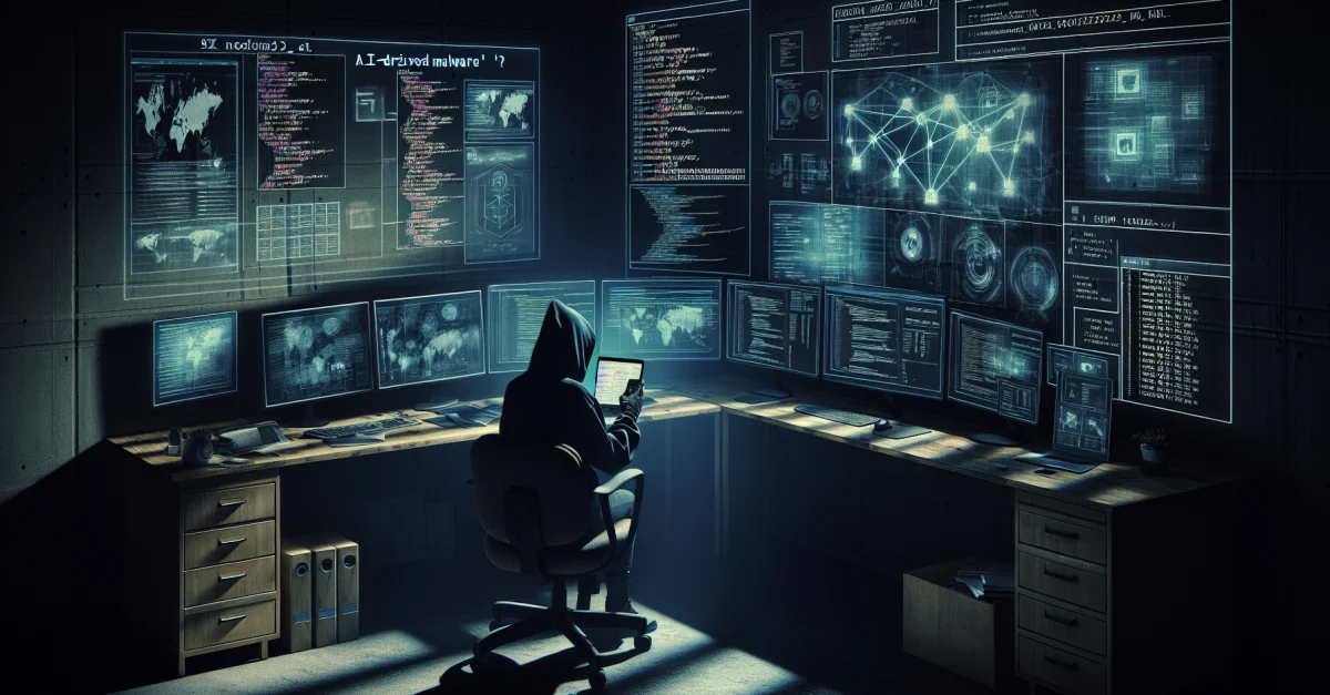 Ein Cybersecurity-Experte analysiert Malware-Aktivitäten auf mehreren Bildschirmen, die die Bedrohung durch KI-gestützte Malware zeigen.