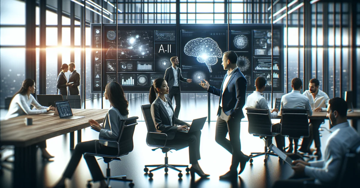 Moderne Büroumgebung, die die Integration von KI-Technologien in Unternehmensprozesse zeigt. Fachleute diskutieren über Datenanalysen.