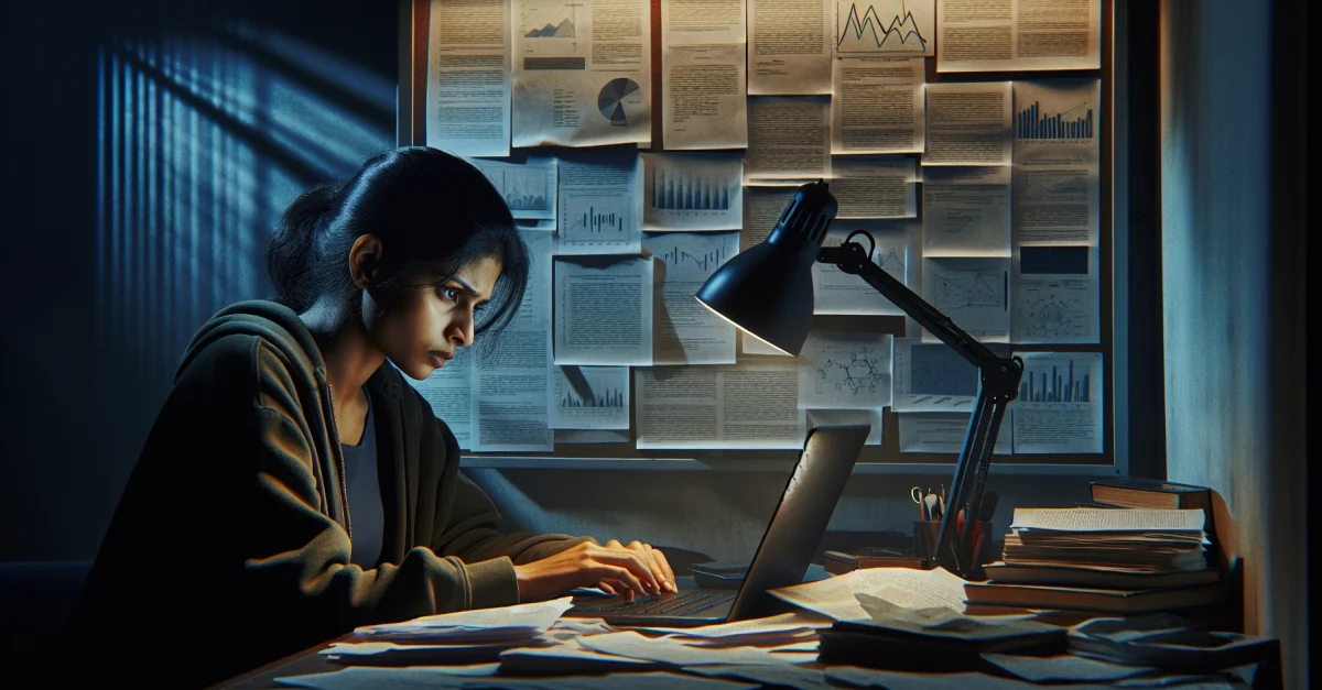 Ein Forscher analysiert Daten zu gefälschten Zitationen im Peer-Review-Prozess und dem neuen Tool CiteAudit in einem düsteren Raum.