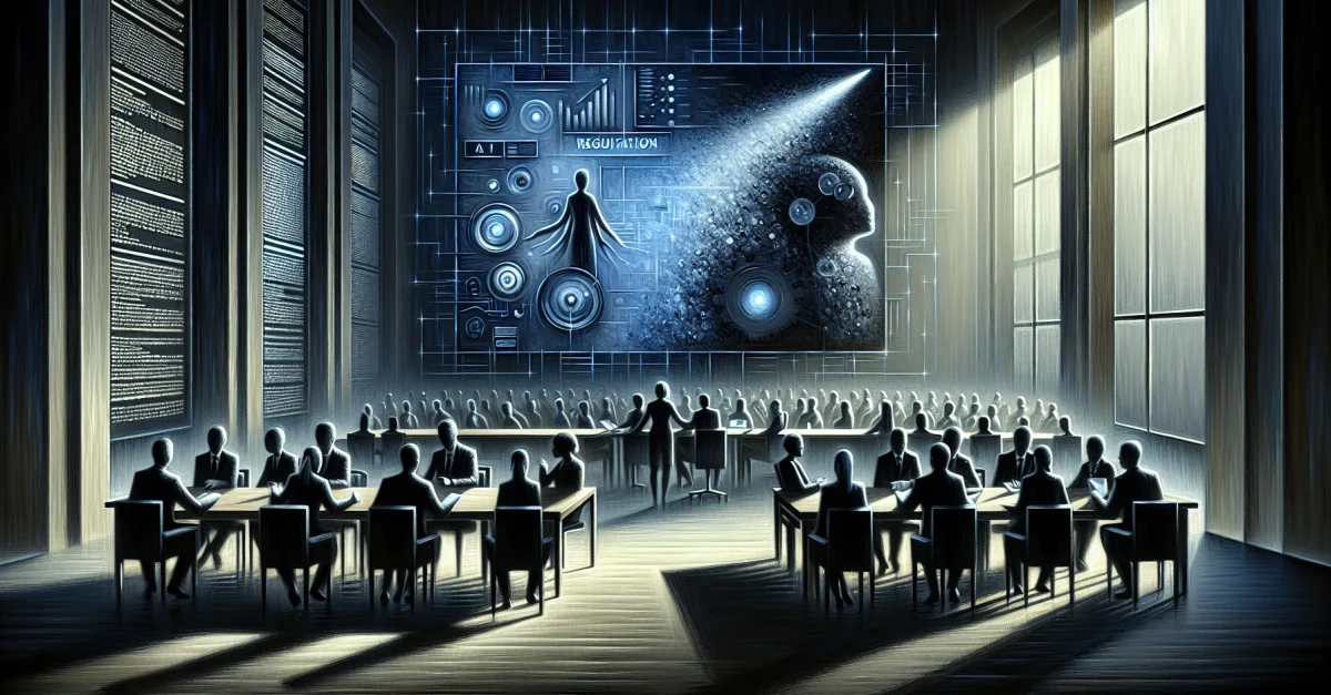 Corporate environment with concerned employees discussing AI licensing. Dark colors reflect the tense atmosphere due to new government regulations.