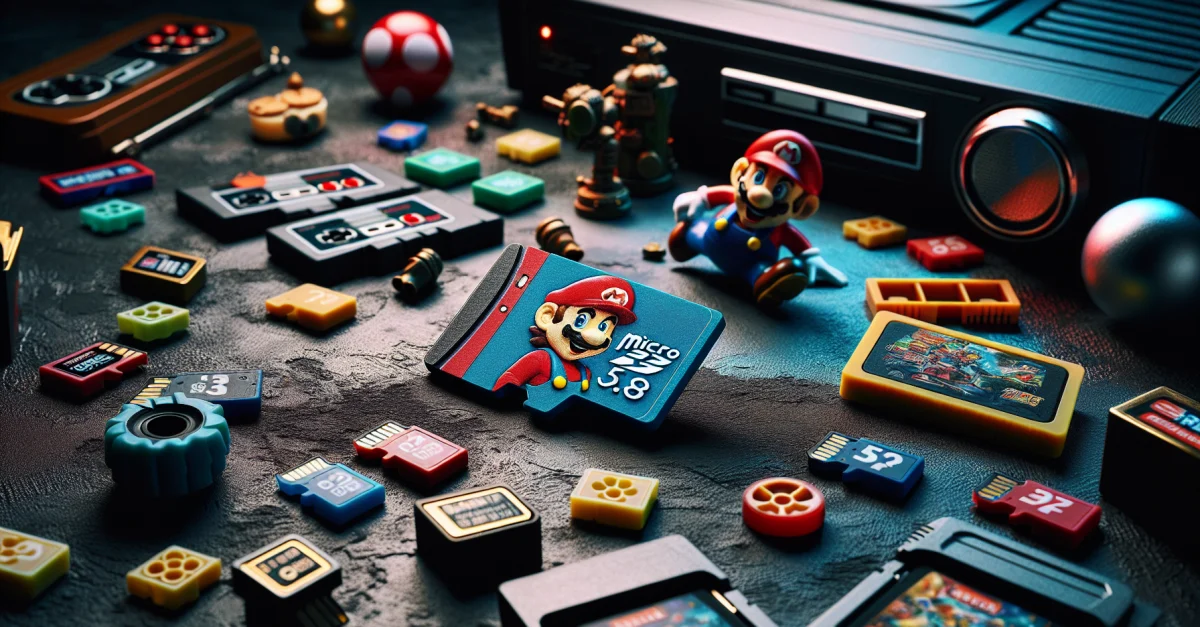 Die Samsung Mario-microSD-Karte ist um 35 Prozent reduziert. Sie zeigt ein Gaming-Thema mit Mario-Figuren und Zubehör auf einem dunklen Hintergrund.