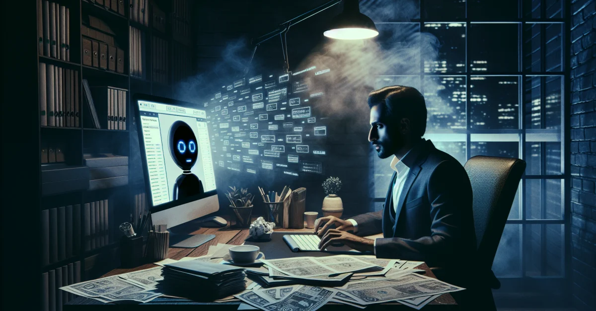 A person in an office talks to an AI chatbot about financial advice. The image composition highlights the risks of using AI in retirement planning.