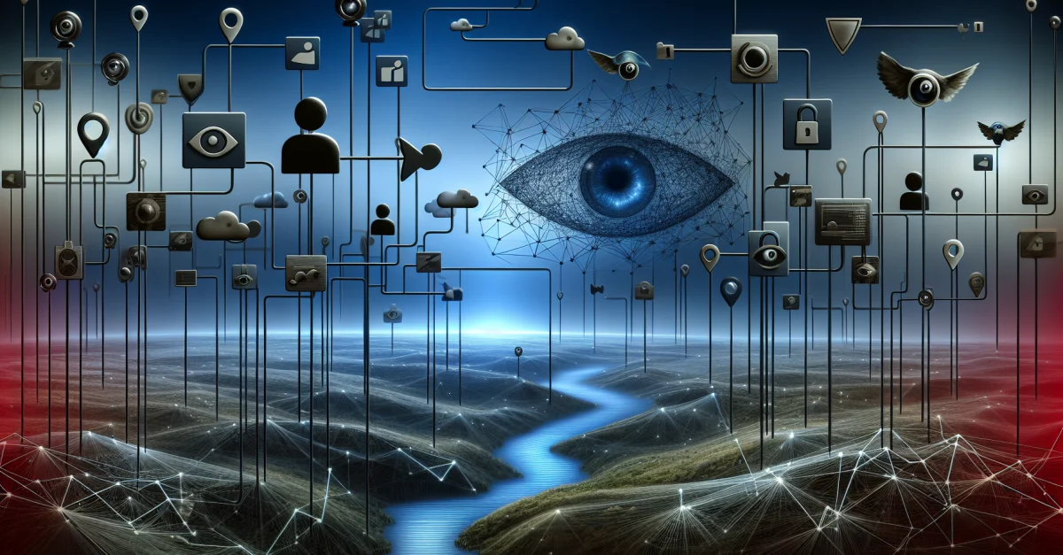 Digitale Landschaft, die die Spannung zwischen Anonymität und Überwachung darstellt. Soziale Medien und Datenströme symbolisieren die Bedrohung der Privatsphäre.