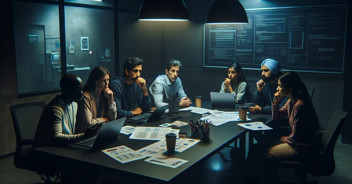 Entwickler bei Amazon in einer Krisensitzung, besorgt über die Auswirkungen von KI-Tools auf das Unternehmen. Chaos und Unsicherheit dominieren die Atmosphäre.