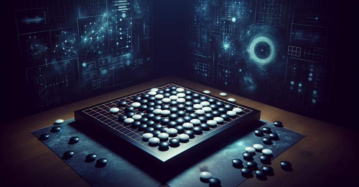 Ein Go-Brett mit strategisch platzierten schwarzen und weißen Steinen, beleuchtet von sanftem Licht, das den Einfluss von KI auf das Spiel symbolisiert.