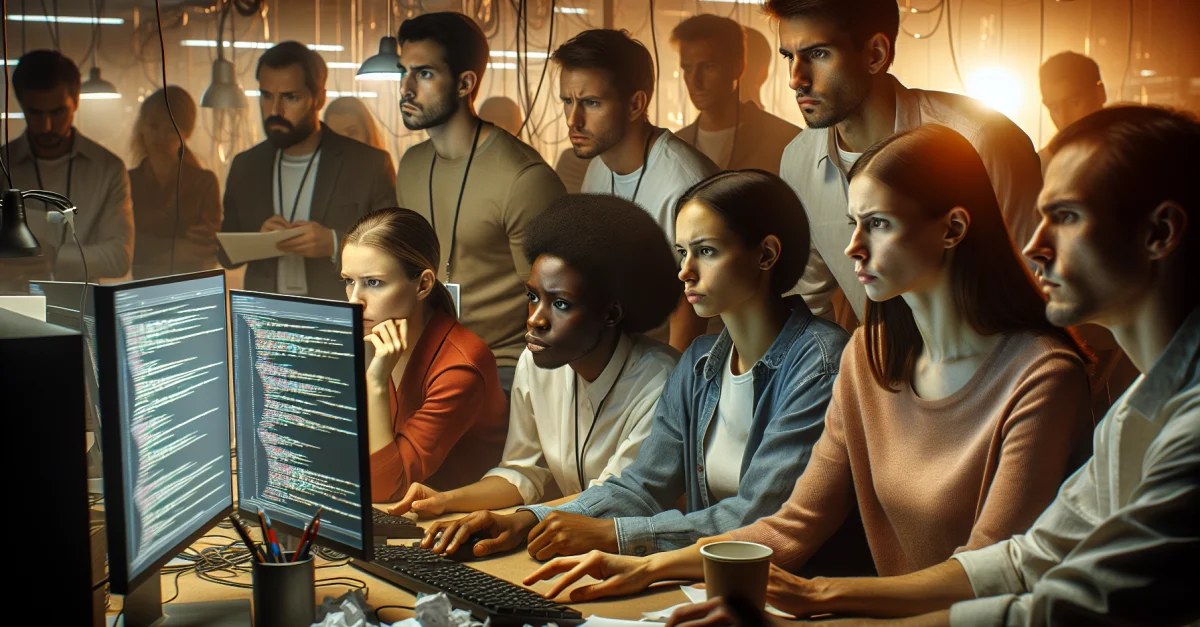 Senior Engineers bei Amazon überprüfen AI-generierten Code in einem Büro, um menschliche Aufsicht und Zuverlässigkeit zu gewährleisten.