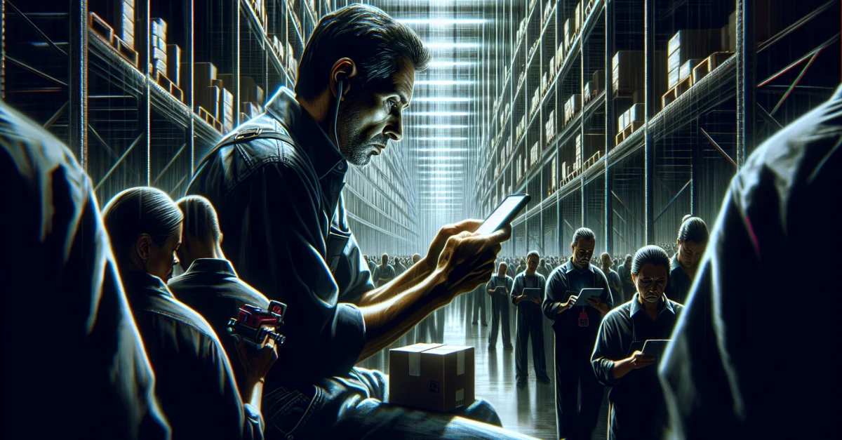 Frustrierter Kunde in einem Amazon-Lager, der auf einen eingefrorenen Bildschirm schaut, symbolisiert die Probleme durch fehlerhafte KI-Tools.