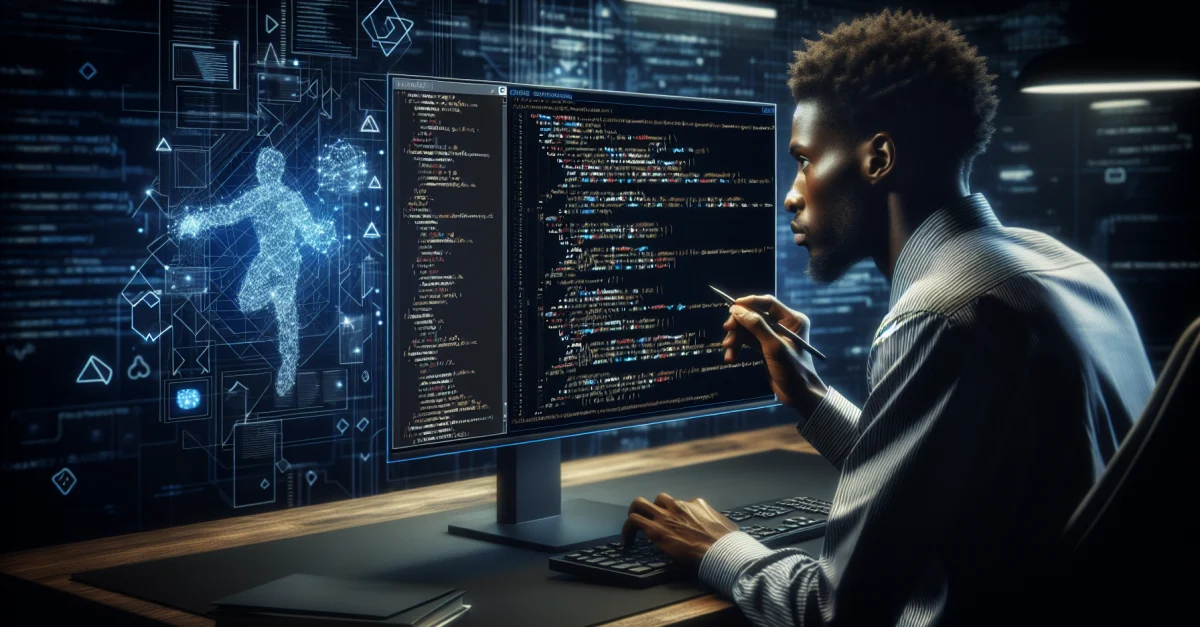 Ein Entwickler überprüft Code auf einem Monitor, umgeben von technologischen Elementen, die die Bedeutung von automatischer Code-Überprüfung betonen.