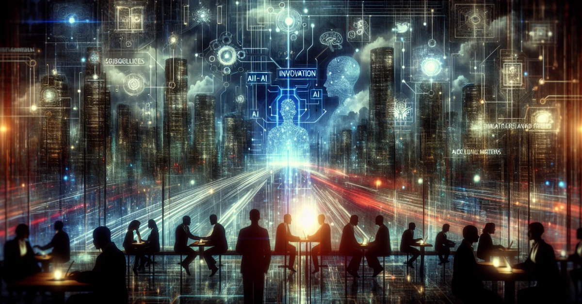 Futuristic city with AI agents representing innovations in 2025. Silhouettes of business leaders making strategic decisions.