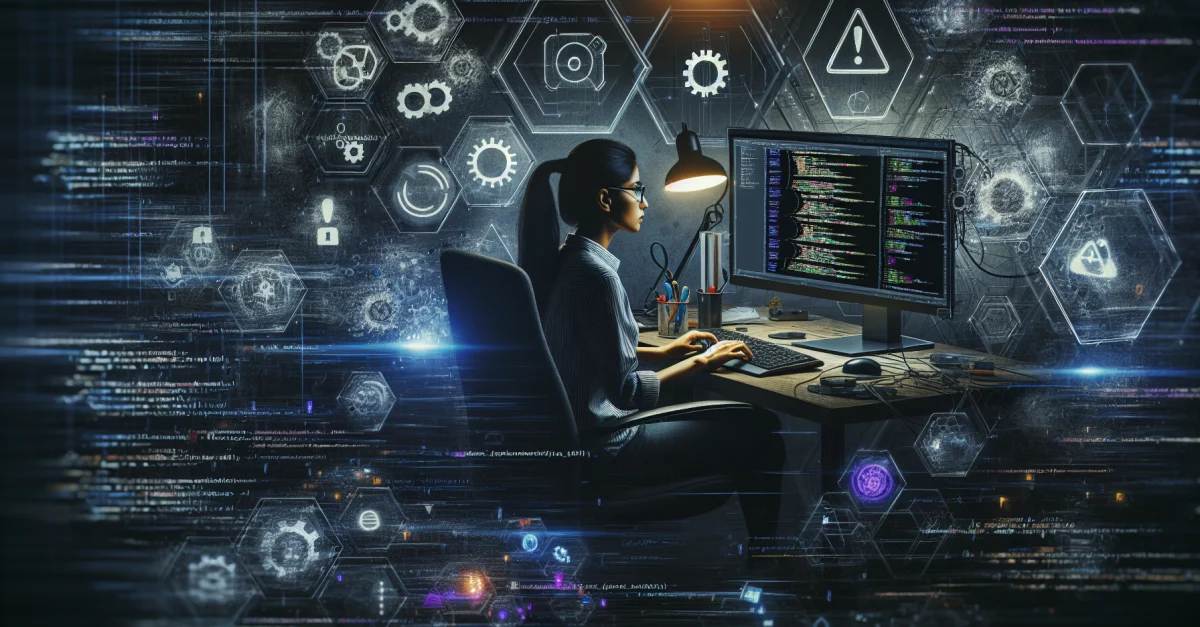 Ein Programmierer konzentriert sich auf einen Computerbildschirm mit Code einer neuen Programmiersprache. Die Szene zeigt Innovation und Risiken.