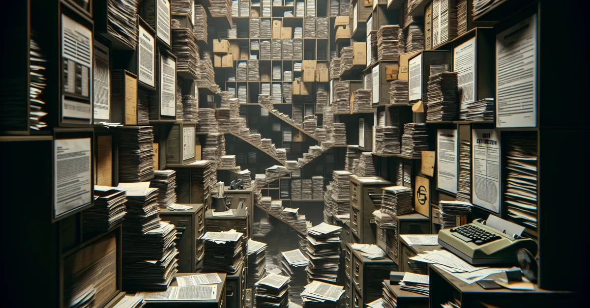 Bürokratische Hürden in der deutschen Softwareentwicklung, symbolisiert durch ein Labyrinth aus Papier und Formularen, das die Herausforderungen darstellt.