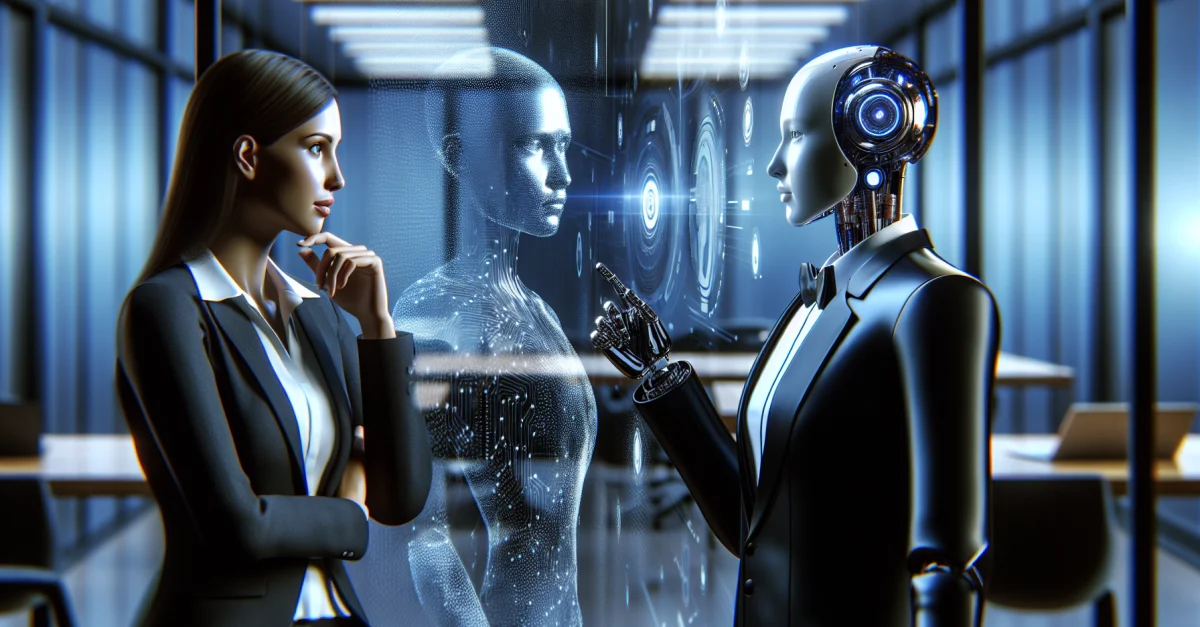 Futuristische Jobinterview-Szene mit einem AI-Avatar und einem Kandidaten in einem virtuellen Raum, der die Veränderungen im Arbeitsmarkt symbolisiert.