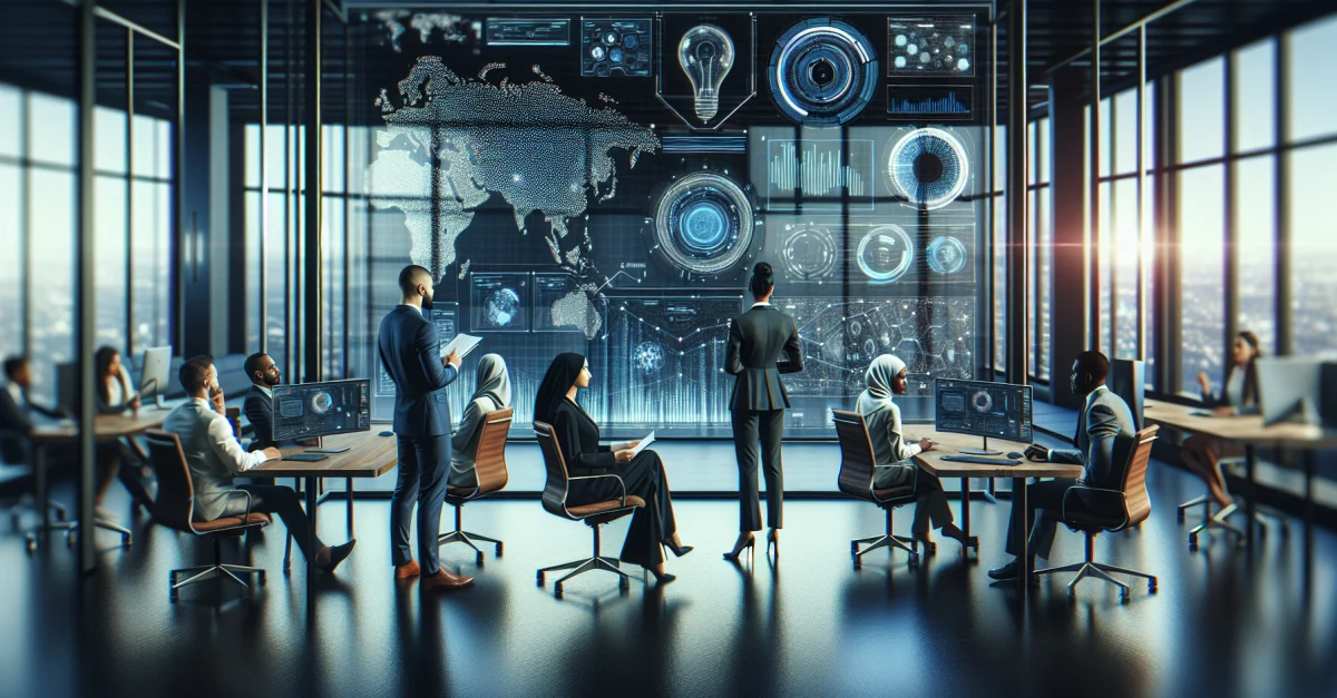 Moderne Büroumgebung, die die Integration von Künstlicher Intelligenz in Unternehmen zeigt. Fachleute diskutieren über Datenanalysen und KI-Anwendungen.