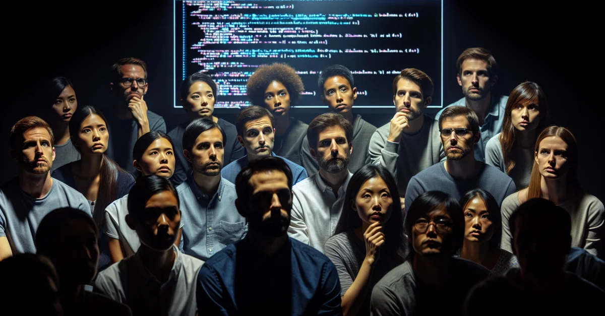 Softwareentwickler diskutieren skeptisch über die Qualität von KI-generiertem Code in einem schwach beleuchteten Raum. Die Atmosphäre ist angespannt.