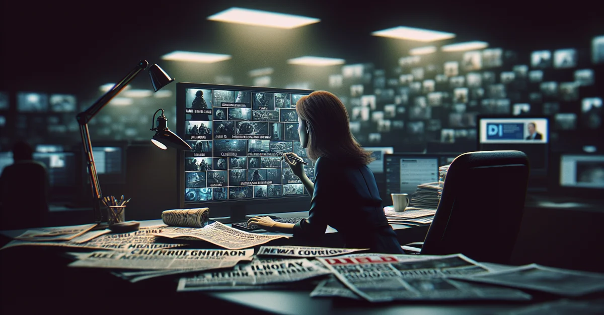 Ein Journalist analysiert manipulierte Bilder zur Iran-Berichterstattung in einem düsteren Redaktionsbüro. Thema: Medienintegrität und KI-Generierung.