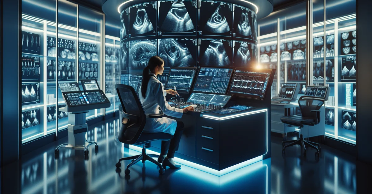 Ein Forscher analysiert Herzultraschallbilder in einem modernen Labor, das die revolutionären Möglichkeiten der JEPA-Architektur von Meta zeigt.